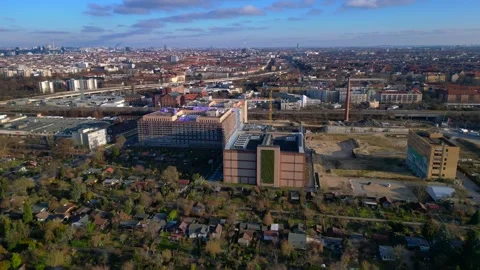Quantum computer in datacenter building facility. Perfect aerial view drone Stock Footage 325438955