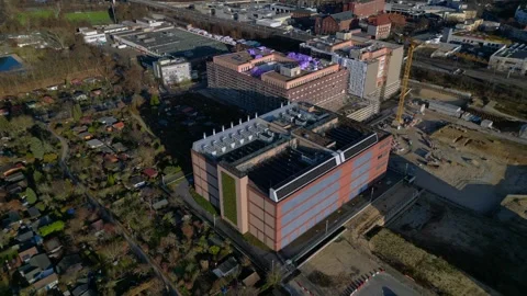 Quantum computer in datacenter building facility. Fabulous aerial view drone Stock Footage 326020309