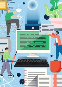 Quantum computer engineering vector poster design template Stock Illustration