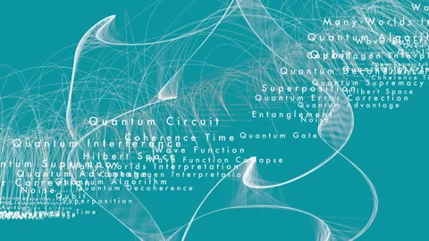 Quantum Computer Glossary Typography Tech Mesh Overlay on Cyan Background Stock Footage 337762870