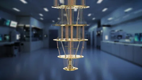 Quantum computer machine spinning in manufacturing laboratory Stock Footage 280974491