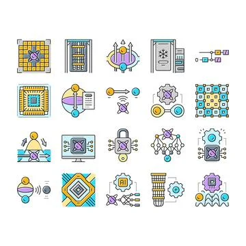 Quantum computer qubit icons set vector Illustrazione stock