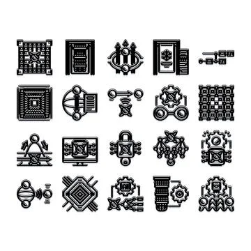 Quantum computing ai technology digital circuit icon set Stock Illustration