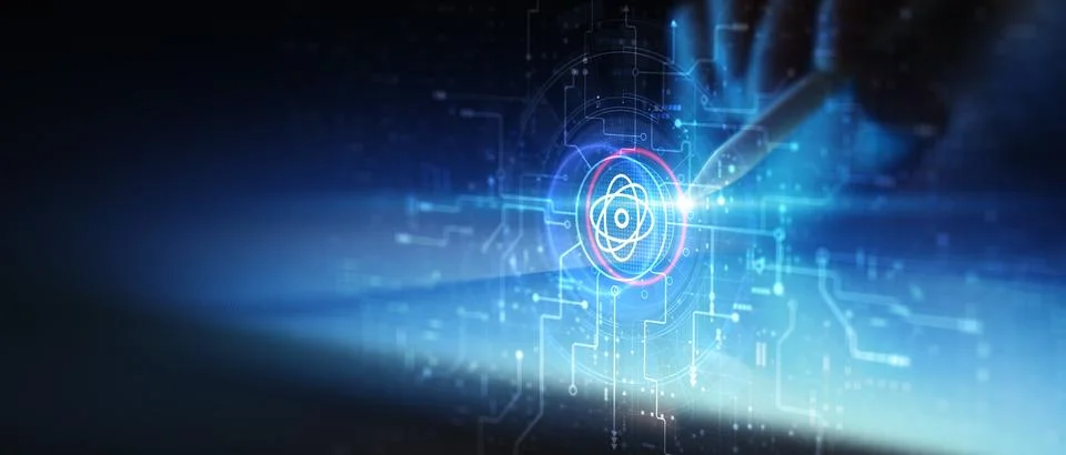 Quantum Computing and Atomic Energy Symbol Illustrated on Futuristic Digital  Foto stock