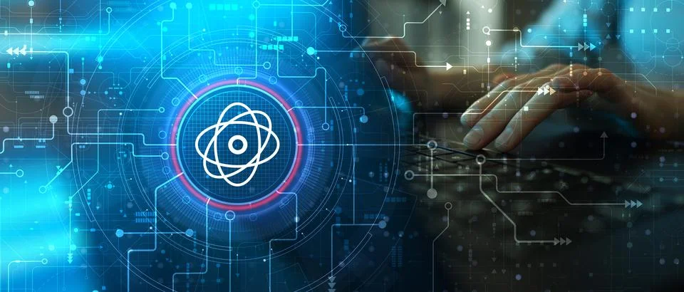 Quantum Computing and Atomic Energy Symbol Illustrated on Futuristic Digital  스톡 사진