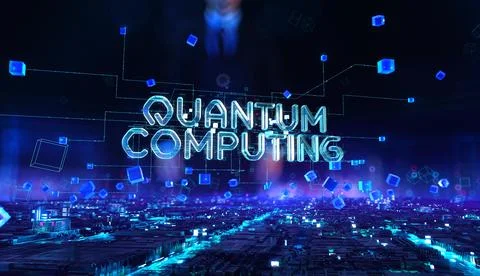 Quantum computing- businessman working with virtual reality at night office. Stock Photos