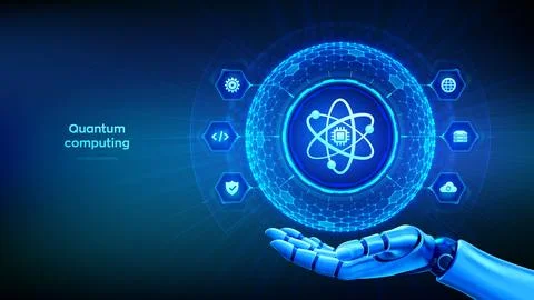 Quantum computing concept in form of holographic sphere with quantum processo Stock Illustration