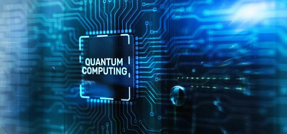 Quantum computing concept. The inscription on 3d Electronic Circuit Board Chip Illustrazione stock