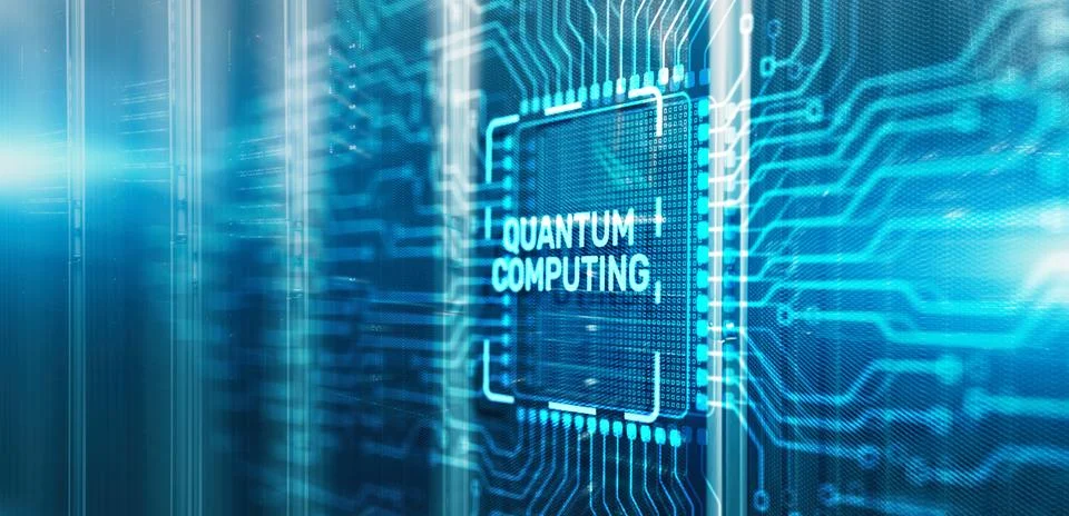 Quantum computing concept. The inscription on 3d Electronic Circuit Board Chip 库存照片
