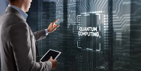 Quantum computing concept. The inscription on the processor icons. Clicking on Stockfoto's