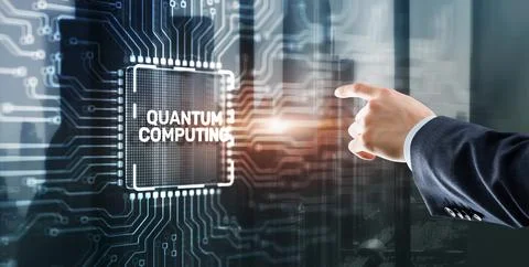 Quantum computing concept. The inscription on the processor icons. Clicking on Stockfoto's