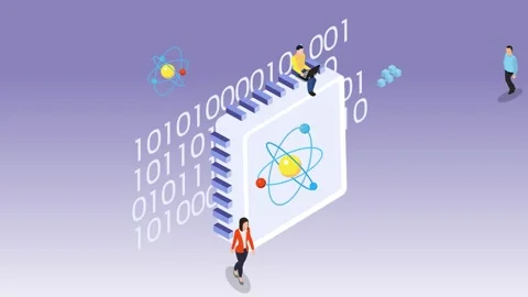 Quantum Computing Concept with Microchip, Binary Code and Developers 3d ani.. Vidéo 337943222