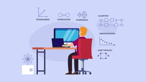 Quantum Computing Developer Working on Algorithm and Qubit Topology cartoon.. Stock Footage 337954735