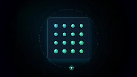 Quantum computing processor grid with glowing blue spheres pulsing in dark .. Stockbeeldmateriaal 346880727