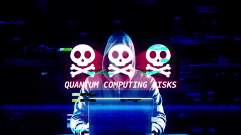 Quantum Computing Risks on digital screen message on computer screens Stock Footage 317056971