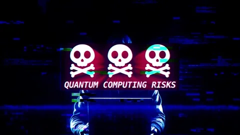 Quantum Computing Risks message on computer screens Stock Footage 317056965