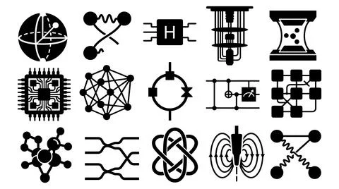 Quantum computing science technology icons set flat vector graphics collection イラスト素材