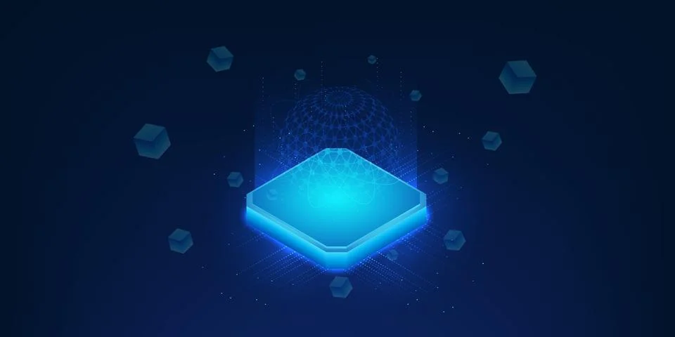 Quantum computing technology illustration, futuristic microchip board with .. Stock Illustration