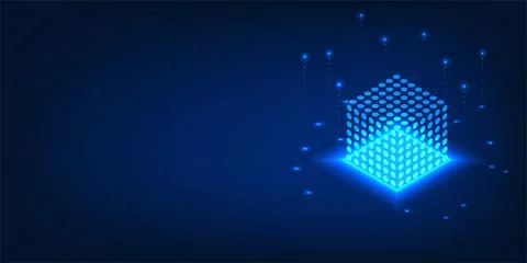 Quantum Computing Technology A light-filled dot box with lines of data that.. Illustrazione stock