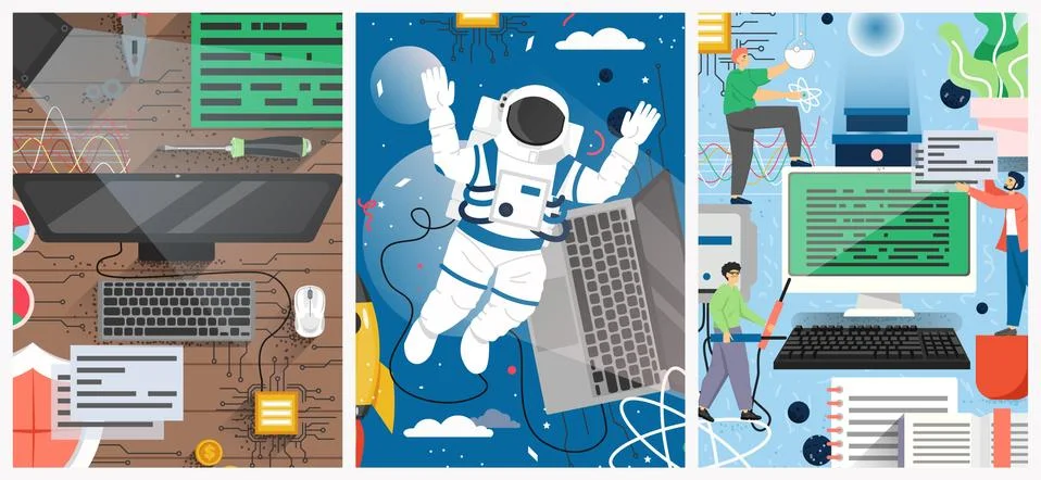 Quantum computing technology vector poster template set Stock Illustration