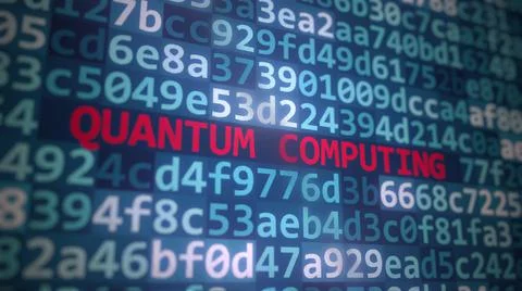 QUANTUM COMPUTING text and source code on the computer monitor, 3D rendering Stock Illustration