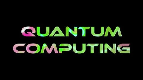 Quantum computing text on black background. Multicolored glossy technologic.. Stock Illustration