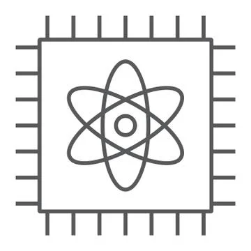 Quantum computing thin line icon, technology and processor, chip with atom sign Stock Illustration