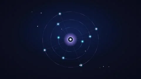 Quantum computing visual with electrons orbiting a glowing nucleus Stockbeeldmateriaal 346993543