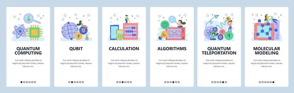 Quantum computing website and mobile app onboarding screens vector template Stock Illustration