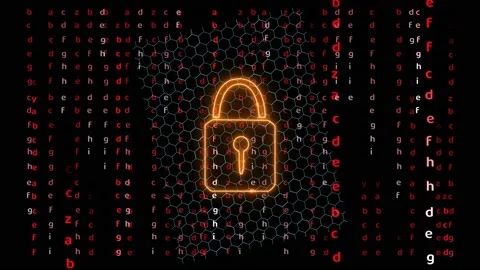 Quantum cryptography security technology lock hexagon wire and matrix animation 動画素材 169818152