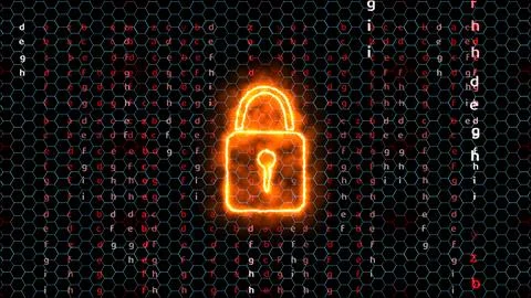 Quantum cryptography security technology lock blue hexagon wire matrix red .. Stock Illustration