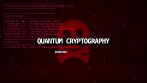 Quantum Cryptography Warning Text on hacking background screen Stock Footage 317055827