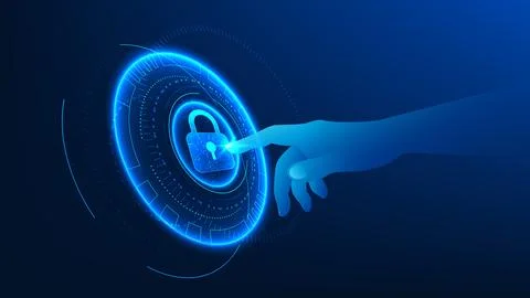 Quantum cybersecurity hand pressing a lock icon inside a high-tech circular.. 스톡 일러스트