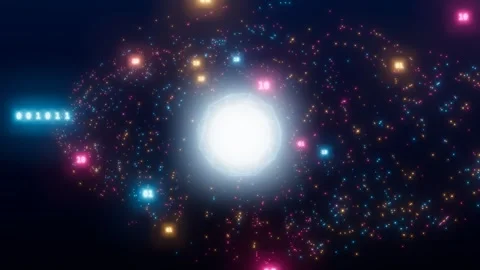 Quantum data stream with binary particles orbiting a glowing plexus core in a Stock Footage 339592481