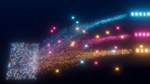 Quantum data stream of glowing binary particles rising diagonally from a data Stock Footage 339592757
