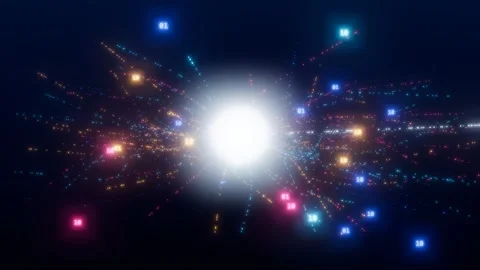Quantum data stream of glowing particles converging into a bright energy core Video stock 339592361