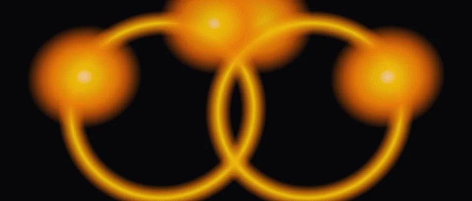 Quantum entanglement and atomic physics concept illustration. Glowing golde.. Stock Illustration