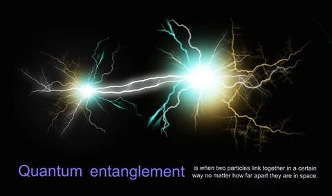 Quantum entanglement or correlation concept. Quantum mechanics illustration.. Stock Illustration