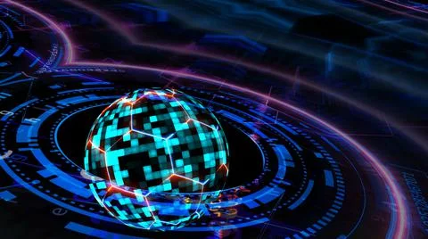 Quantum futuristic technology computer with digital blue sphere and hexagon Stock-Illustration