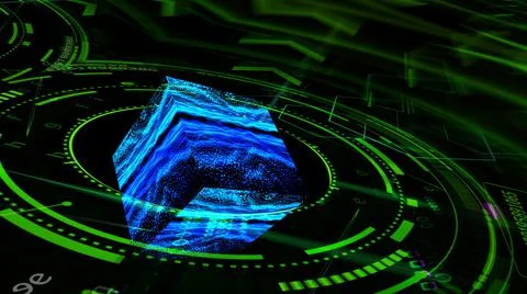 Quantum futuristic technology computer green ring with digital cube reflectio Stock Illustration