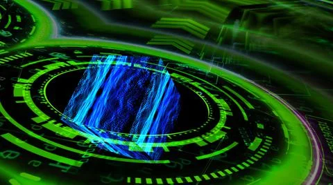 Quantum futuristic technology computer green ring with digital cube reflectio Stock Illustration