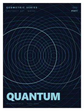 Quantum interference moire pattern poster with blue circular wave ripples. Ilustración de archivo