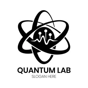 Quantum Lab Logo Design with Atom Orbits and Frequency Wave 스톡 일러스트