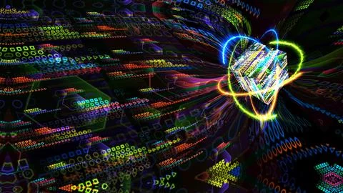 Quantum light blue core and futuristic computer with infinity of orange fir.. Stock Illustration