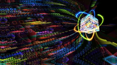 Quantum light blue core and futuristic computer and infinity of orange fire g Stock Photos