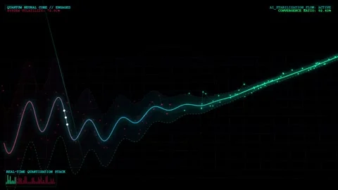 Quantum neural core processing data stream with digital signal fluctuations.. Stock Footage 343558666