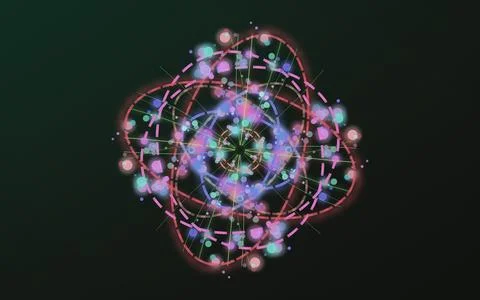 Quantum physics and atomic structure abstract illustration. Glowing pink or.. Stock Illustration