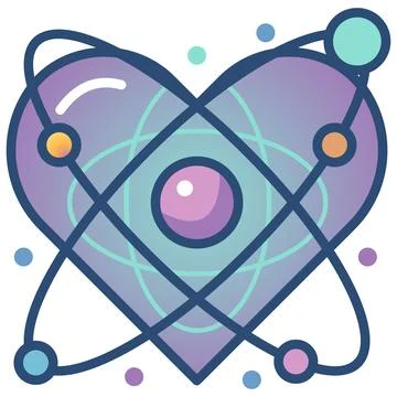 Quantum physics atom particle with heart shape flat outline icon. Stock Illustration