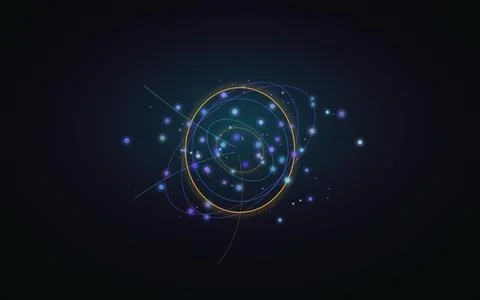 Quantum physics atom structure and atomic nucleus model. Glowing circles wi.. Illustrazione stock