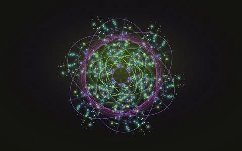Quantum physics energy vortex and glowing particle orbits. Abstract atomic .. Stock Illustration